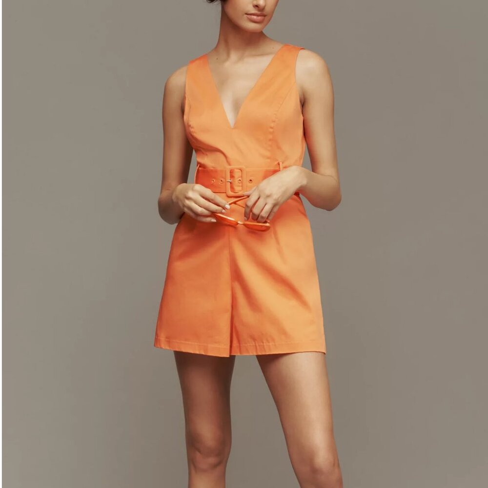 Anthropologie Hutch Belted V-Neck Romper Orange Size 6